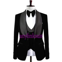 High Quality One Button Black Velvet Groom Tuxedos Shawl Lapel Wedding/Prom/Dinner Groomsmen Men Suits Blazer (Jacket+Pants+Vest+Tie) W1383