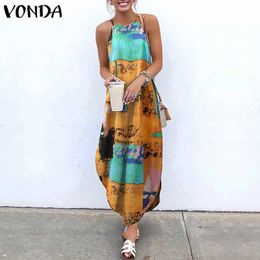 Elegant Club Party Dress 2021 Summer Sexy Sleeveless Vintage Printed Maxi Long Dresses Plus Size VONDA Summer Vestidos 19 Colours X0521