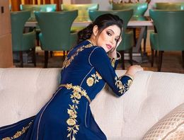 Moroccan Caftan Evening Dresses Embroidery Appliques royal blue long sleeve Muslim prom gown Jacket Kafutan Arabic Party Dress329L