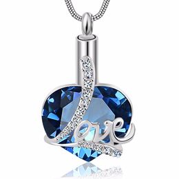 Blue gemstone heart-shaped cremation urn pendant ,cremation jewelry necklace ashes souvenir memorial mom and dad-I love you