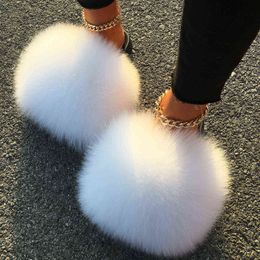 Ethel Anderson Ladies Furry Slippers Chic Real Hair Casual Slides Good Quality Fur Sliders Q0508
