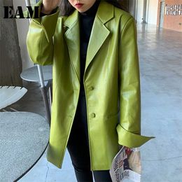 [EAM] Loose Fit Green Pu Leather Big Size Leisure Jacket Lapel Long Sleeve Women Coat Fashion Spring Autumn 1X496 211014