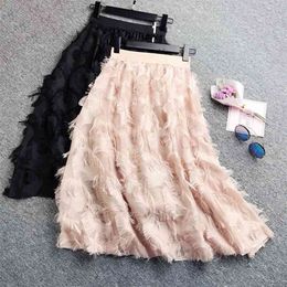 Spring Women Pleated Skirts Fashion Feather tassel High Waisted Elastic Casual Party Skirt 210629