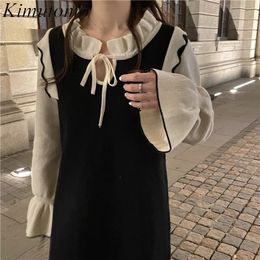 Kimutomo Vintage Patchwork Knitted Dresses Women O-neck Lace-up Flare Sleeve Slim Waist All-matching Vestidos Fake Two Piece 210521