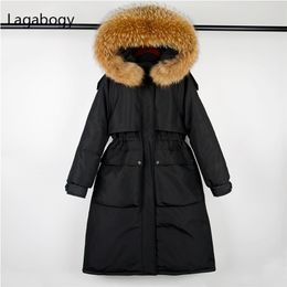 Lagabogy Large Real Raccoon Fur Long Down Parka Women Winter 90% White Duck Down Coat Super Thicken Warm Puffer Jacket Snow 211126