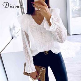 DICLOUD Sexy Lace Shirt Women Spring Hollow Out Black White Long Sleeve Blouses Female Tops Elegant Ruffle Clothing Ladies 210323