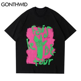GONTHWID T-Shirts Oversized Streetwear Hip Hop Graffiti Color Block Hand Tshirts Harajuku Punk Rock Gothic Short Sleeve Tee Tops C0315