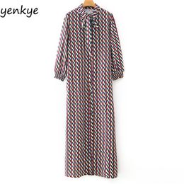 Vintage Geometric Print Long Dress Women Elegant Bow Tie Lapel Collar Sleeve Flowy Plus Size Autumn 210514