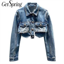 GetSpring Women Denim Coat Long Sleeve Jean Jacket Jackets Loose Short Tops Outerwears Spring Autumn 210601