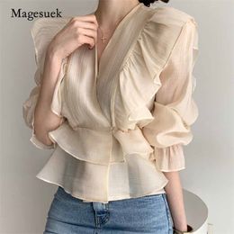 Fashion Female Vintage Slimming Chiffon Blouse Ruffled Deep V-neck Silk Shirt Solid Sweet Flare Sleeve Woman's 10334 210518