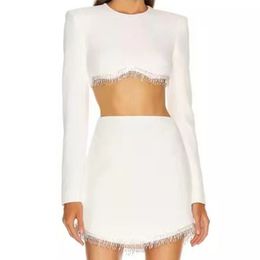 Winter Women Long Sleeve Tops& Skirts Bandage Sets Sexy 2 Two Pieces White Tassel Club Party Outwear 210423