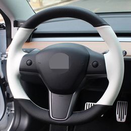 Hand-Stitched Soft Black With White Genuine leather Car Steering Wheel Cover For Tesla Model 3 2017-2020