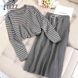 Woman two piece set clothes autumn fashion stripe shirt top + slim skirt knitted suits women 2 pcs sets 210525