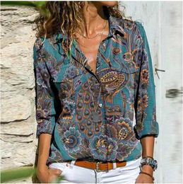 S to 5XL Women Blouse Retro Colorful Print Buttons Shirt Autumn Long Sleeve Turn-down Collar Ladies Top Streetwear Casual Blusa 210721