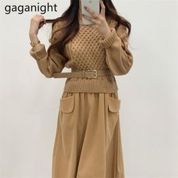 Vintage Women Sweater Patchowork Maxi Dress Autumn Winter Fashion Lady Chic Korean Dresses with Belt Vestidos 210601