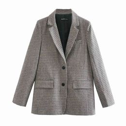 Women Elegant Houndstooth Blazer Long Sleeve Single-Breasted Slim Check Coat Office Work Lattice Suit Jacket Outerwear 210520