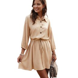 Casual Women Dress Turn-down Collar Long Sleeve Button Solid Mini Vestido Office Lady Drawstring Lace Up Summer 210526