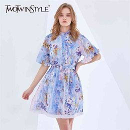 Elegant Print Midi Dress For Women Stand Collar Short Sleeve High Waist Sashes Vintage Dresses Female Fashion 210520