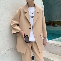 2021 Fashion Men's Suit Three-quarter Sleeves Jacket Ankle-length Pant Black Khaki Baggy Casual Streetwear Summer Clothing Sets X0909