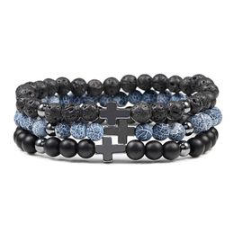 6mm Black Lava Rock Stone Onyx Beads Bracelets Classic Cross Stretch Tiger Eye Bracelet Religion Bangle Women Men Wrist Jewelry