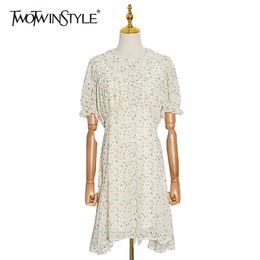 Print Patchwork Ruffle Ruched O Neck Puff Short Sleeve High Waist A Line Summer Dresses Female Fashion 210520