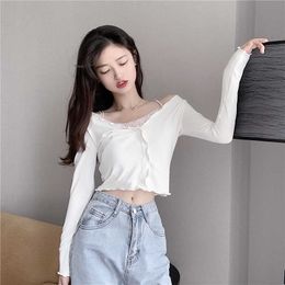 White Lace Fake Two Piece Suspender Long Sleeve T-shirt Women's Autumn Machine Sexy Off Shoulder Bottoming Shirt Short Top X0628