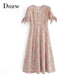 Women Vintage O Neck Midi Dress Summer Floral Print Boho Split Bow Tie Short Sleeve Beach Casual es Sundress 210515