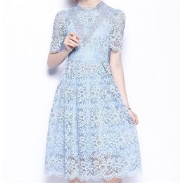 Robe Femme Hollow Out Floral Embroidery Lace Dress Blue Long Women See Through Summer es Casual 210603