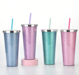 The latest 24OZ double-layer plastic straw coffee mug, a variety of sequin glitter powder style water cups, support custom logo