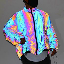 Rainbow Reflective Jackets Men Night Club Hip Hop Jacket Mens Harajuku Style Japanese Streetwear Oversized Windbreaker Coats 210524