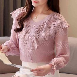 Blusas Mujer De Moda Ruffles V-neck Pink Lace Blouse Women Tops Flare Long Sleeve Blouse Women Womens Tops And Blouses C486 210426