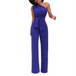 Women's Jumpsuits & Rompers 2021 Summer Women Slash Neck Wide Leg High Waist Jumpsuit Slim Playsuit Romper Long Pants Trousers With Belt