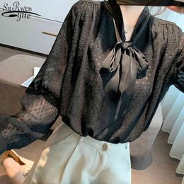 Style Bow V Collar Shirt Loose Long Sleeve Chiffon Blouse Spring and Autumn Top Office Lady White Blusas Mujer 11547 210427