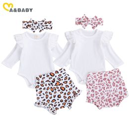 0-18M Pink Leopard born Infant Baby Girl Clothes Set Ruffles Knitted Romper Shorts Outfits Autumn Spring Costumes 210515