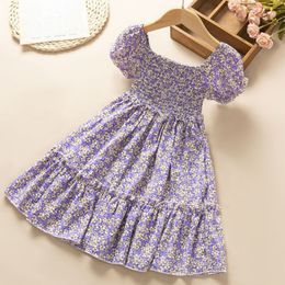 Girls Dress Sweet Short-Sleeve Floral Printed Holiday Style Princess Toddler Kids Clothes Summer Children 210515
