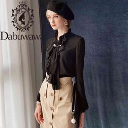 Dabuwawa Elegant Black Women Solid Chiffon Blouse Autumn Office Lady Long Sleeve Bow Front Blouses Shirts Tops Female DT1CST010 210520
