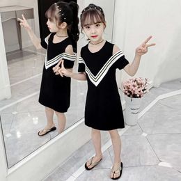 4-12 Years Children Girls Navy dress School Style Summer Dress off shoulder Princess Dress girls Clothing stripe kids dresses Q0716