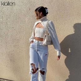 KLALIEN Autumn Long Sleeve Turtleneck Camisole and Pullover Two Piece Sweater For Women Solid Slim Stretch Wild Basic Sweater Y0825