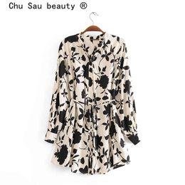 Chu Sau beauty Fashion Boho Vintage Black Floral Print Loose Blouses Women Holiday Stand Collar Sashes Ladies Blouse 210508