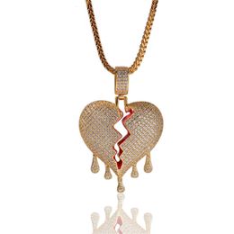 Ciondolo con collana d'amore a forma di cuore a goccia ghiacciato placcato oro 14 carati con catena a corda per gioielli da uomo e donna