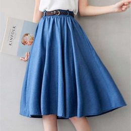 High Waist midi Jean Skirt Women Elegant Midi Denim pleated skirt with belt korean style Summer Office Ladies Streetwear 210619