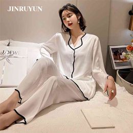 Pajamas set ladies long-sleeved White pink color Sleepwear Nightgowns for sleeping thin ice silk air-conditioning suit woman 210809