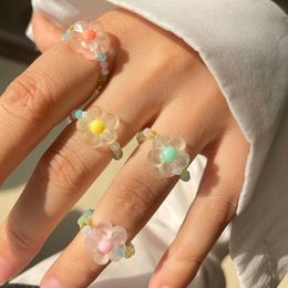 Korean Summer Colourful Transparent Acrylic Matte Bead Flower Elastic Adjustable Rings Sweet Jewellery Gifts for Women