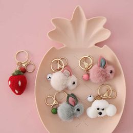 Plush Bunny Keychain Cute Cartoon Gift Couple Fashion Teddy Strawberry Pet Small Pendant Keyring Doll Wool Felt Handwork Jewellery G1019