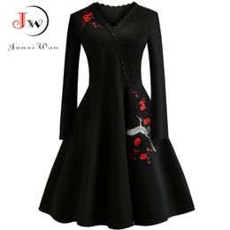 4XL Plus Size Women Embroidery Vintage Dress Lace Black Elegant Bodycon Party Dresses Long Sleeve Casual Autumn Winter Vestidos 210319