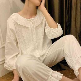 Fashion Soft Pure Cotton Women's Casual White Floral Pajamas Sets Female Loose Cute Sleepwear Plus Size 210901