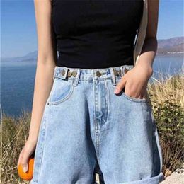 Casual Loose Basic Light Blue Sale High Waist Summer Button Fashion Arrival Women Female Shorts 210724