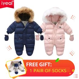 IYEAL Winter Baby Clothes With Hooded Fur born Warm Fleece Bunting Infant Snowsuit Toddler Girl Boy Snow Wear Outwear Coats 211229