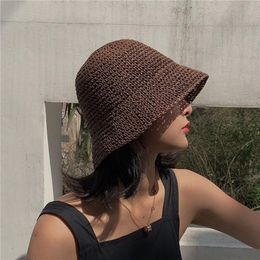 Wide Brim Hats Harajuku Women Fisherman Hat Sunscreen Hand-woven Beach Bucket Female Fashion Straw Casual Vacation Summer Caps
