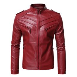 Warm zip-up cardigan pocket decorated PU leather jacket with stand-up collar